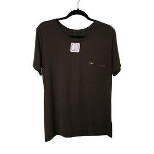 Shiela Rose Womens Casual Tee Zipper Chest Pocket Olive Green Size XL